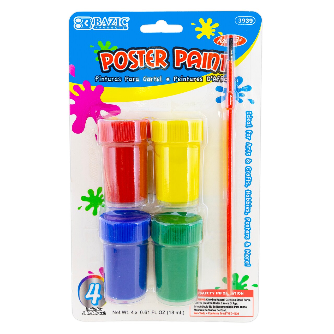 BAZIC 4 Color Poster Paint Set, 0.61 fl oz Each, with Brush, Smooth Even Coverage, for Kids Painting, Art Class, Craft Projects